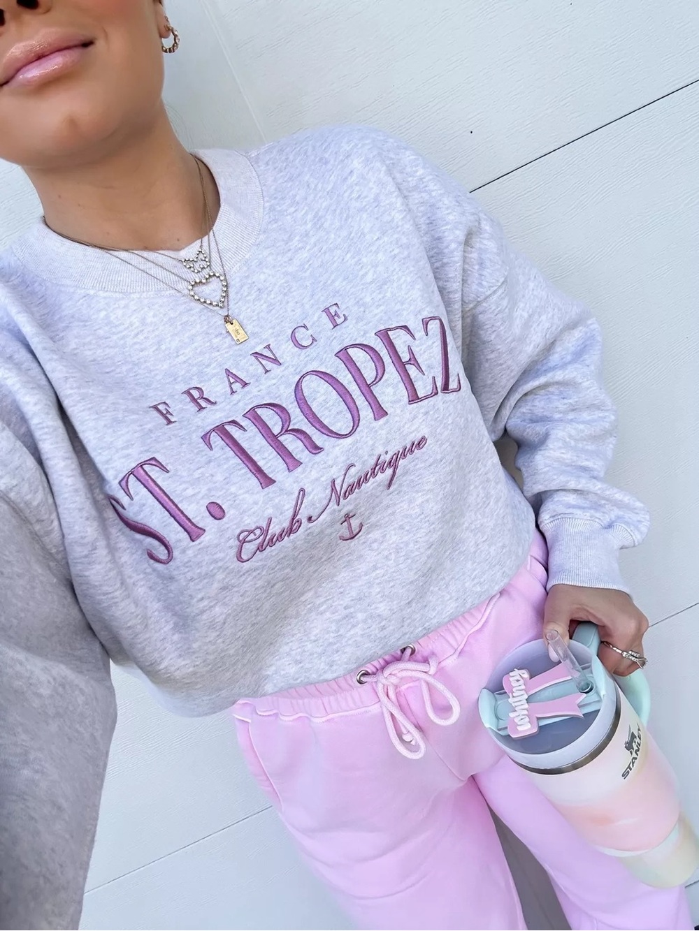 St. Tropez France Crewneck Sweatshirt - Light Heather Gray with Pink Script
